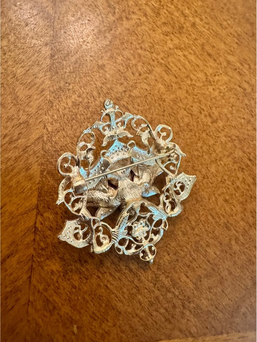 Vintage Filigree Brooch with Pink and Clear Rhinestones 304